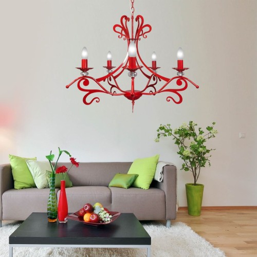 Люстра подвесная красная 5 рожковая хрусталь S3129-5